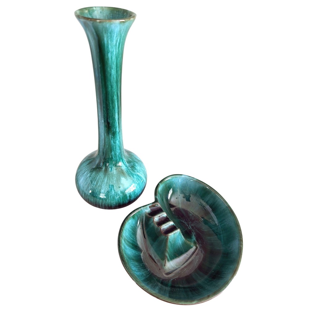 Blue Mountain Pottery Blue Green Vase, Ashtray Trinket Pair Vintage Canadian Art